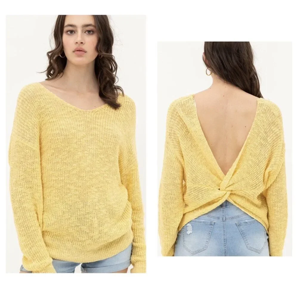 $89 LOVE TREE Los Angeles Boutique Open Back Twist Knot Knit Sweater Designer L